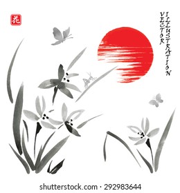 Card with flowers, grasshopper, butterflies and sun in traditional japanese sumi-e style. Vector illustration. Hieroglyph " flower".