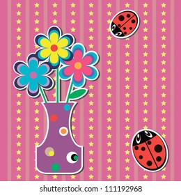 card with flowers and ladybugs on colorful background