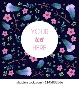 Card with flowers and leaves. Wedding ornament concept. Floral decoration. Vector layout decorative greeting card or invitation design background