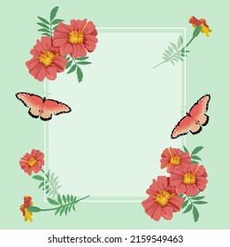 Card with flowers marigold and butterflies, with place for your text, can be used as greeting card, invitation card for wedding, birthday and other holiday and summer background. Vector illustration.