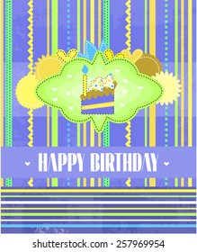 Card with flowers, piece of cake and text Happy Birthday