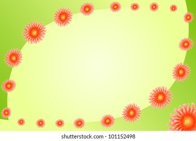 Card with flowers and a place for text. Orange flowers on green background.