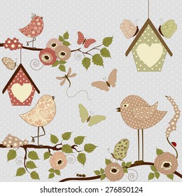 Card with flowers and stylized birds and butterflies