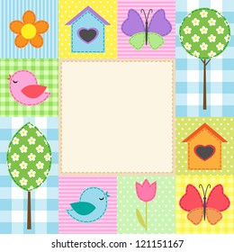 Card with flowers, trees, and butterflies