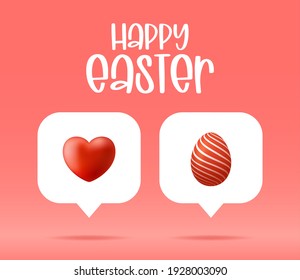 Card or Flyer Easter realistic egg on Like counter, comment follower and notification symbol vector illustration isolated on red.