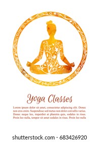 Card and flyer template Autumn yoga classes. Vector illustration with silhouette of yoga woman with watercolor texture and floral ornament. Yellow and orange colors and tree leaves decoration.