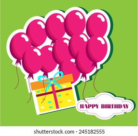 Card with flying ballons, green background, text Happy birthday