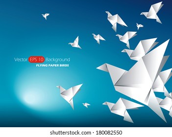Card with flying paper birds on blue background