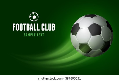 Card for Football Club with Flying Soccer Ball on Green Background. Realistic Vector Illustration. 