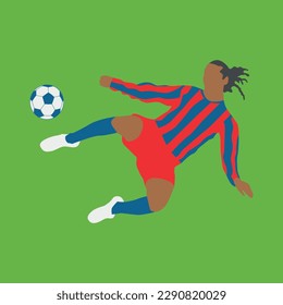 Card with football player with ball on green field. Vector illustration.