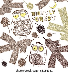 card with  forest and owls