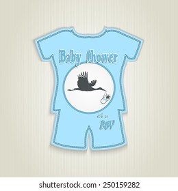 Card in the form of clothing. Baby shower invitation with flat stork flying with baby boy. Made in vector illustration