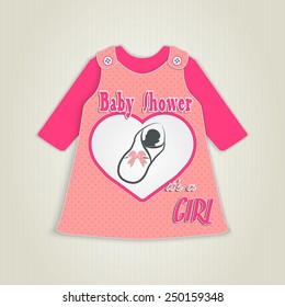 Card in the form of clothing. Baby shower invitation with baby girl. Made in vector illustration