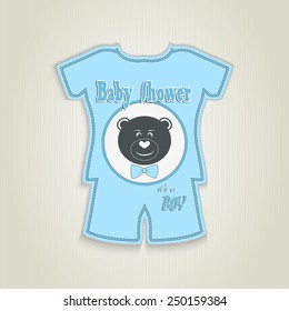 Card in the form of clothing. Baby shower invitation with teddy bear toy. Made in vector illustration