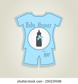 Card in the form of clothing. Baby shower invitation with baby milk bottle. Made in vector illustration