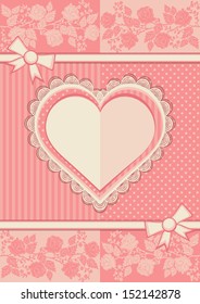 Card with the form of heart. Vector illustration, decorated with roses on a gentle pink background. Glamour retro style. 