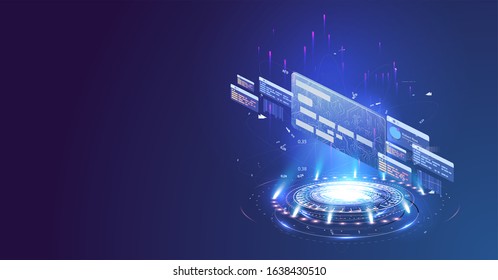 Card in the form of a hologram on a blue futuristic background. Can use for web banner, infographics. Flat isometric vector illustration isolated. Business, financial illustration concept.