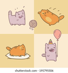 Card with four different cats playing with ball of yarn, resting on pillow and have fun on party with balloon in cartoon style