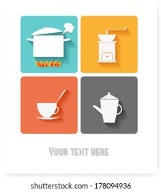 Card with four kitchen objects and place for your text. Vector illustration.