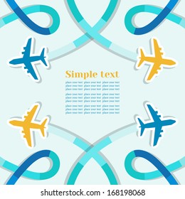 Card with four planes and colored trace of them. Vector background with place for text.