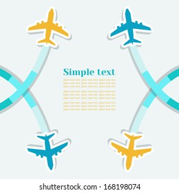 Card with four planes and colored trace of them. Vector background with place for text.