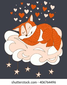 Card with fox and hearts Hand drawn sketch vector illustration. Cute background for children's room.