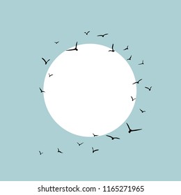 Card frame with circle and flying birds Black swallows in the sky with white sun. Bird trace. Freedom, romantic, dreams, lyric. Text box, background