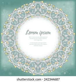 Card with frame of delicate ornament. Branches, mistletoe and birds. Place for your text. Perfect for greetings, invitations or announcements