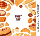 Card with frame of different bakery products: bread, cake, croissants, pie, cupcake. Place for text with border of baked flour food, fresh pastry, desserts around. Bakehouse. Flat vector illustration
