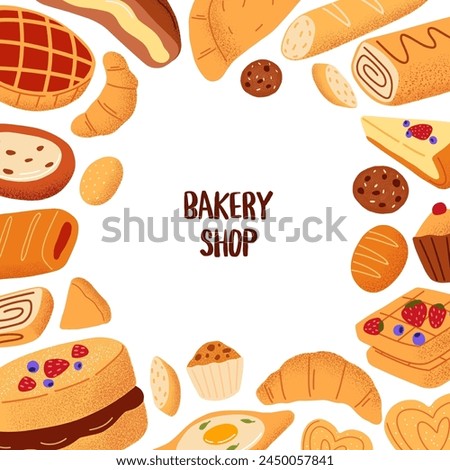 Card with frame of different bakery products: bread, cake, croissants, pie, cupcake. Place for text with border of baked flour food, fresh pastry, desserts around. Bakehouse. Flat vector illustration