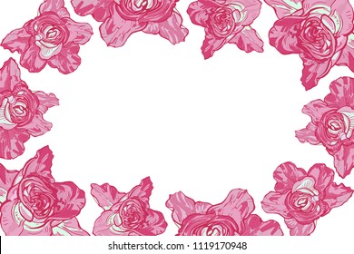 Card with a frame of large roses, vector Botanical illustration.
