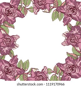 Card with a frame of large roses, vector Botanical illustration.