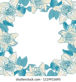 Card with a frame of large roses, vector Botanical illustration.