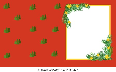 Card with frame made branches of christmas tree and yellow stars on red background. Card with textspace. Vector graphic image. New year and Christmas card.