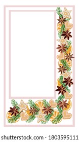 Card with frame made orange slices, gingerbread, star anise seeds and pine branches on white background. Card with text space. Vector graphic image.