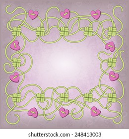 Card with frame of ropes, knots and beads in the shape of heart. For invitation or greetings. Can represent love, Valentine's Day, romance.
