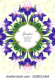 Card with frame. Round pattern of irises. Dragonflies on backdrop. Place with for your text.