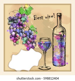 Card with frame and sketch of grapes, wine, glass, bottle on background with watercolor spray paint for design