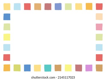 Card frame as a template is formed from colorful squares in doodle style. Hand Drawn. Place for text.