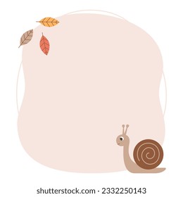 Card or frame template for kids with cute snail and fall leaves. Autumn or woodland theme. Perfect for baby shower, school or birthday party and invitations. Vector isolated illustration.