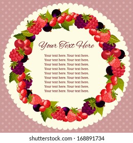 Card with frame for text or photo. Forest and garden berries.