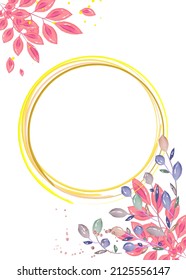 card frame with watercolor flowers and gold circles with white background. vector illustration
