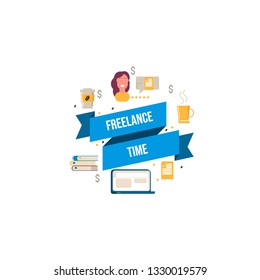 Card with freelance and coffee symbols. Business decorative elements for print and greeting postcards.