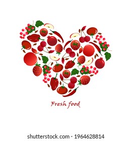 Card with fresh fruits and vegetables - strawberries and cherries, apples and pomegranates, peppers and tomatoes. Fresh colorful food. Vector drawing on a white background with text. For use in