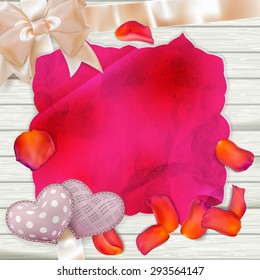 Card and fresh tulips Petals on wooden background. EPS 10 vector file included