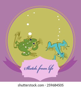 Card with frogs , water plants on a circle, label. Hand drawn. Sketch from life.