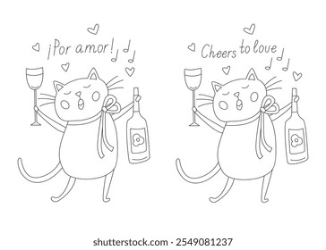 Card with a funny cat holding a bottle of wine and a glass. Cheers to Love in both Spanish and English hand drawn lettering, black outline doodle illustration for coloring and Valentine's day card