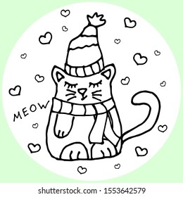 Card: funny cat sleeping, sitting in a hat and scarf. Doodle illustration