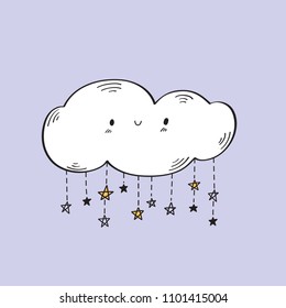Card with funny cloud and stars. Hand drawn illustration for your design. Vector.