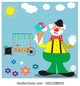 Card with funny clown with ice cream
